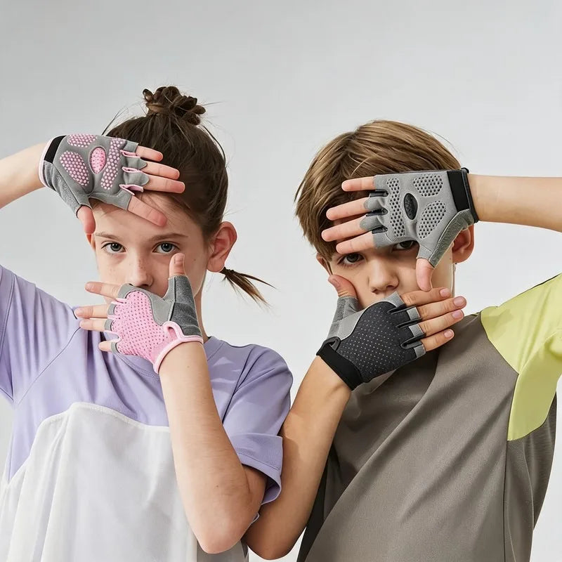 Kids Cycling Skateboard Gloves Anti-Slip Summer Spring Sports Breathable Half-Finger Gloves Shock-Absorbing Children Aged