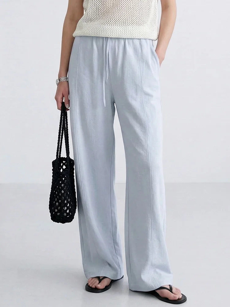 Cotton Summer Pants For Women Wide Leg Blue Trousers With Elastic Band Straight Leg Bottoms White Women's Pants Summer Loose