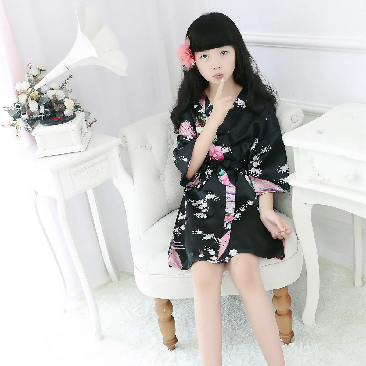 Kids Satin Floral Kimono Robe Flower Girl Peacock Bath Robes for Wedding Spa Party Gifts Bridal Lingerie Sleepwear Bathrobe