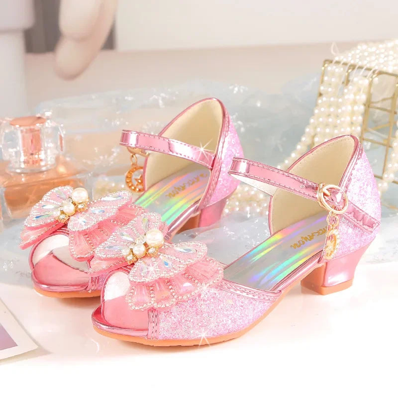 Children's Princess Wedding Party Shoes Summer New Girls Crystal Sandals Fashion Pearl Bowknot Baby Kids Performance High Heels