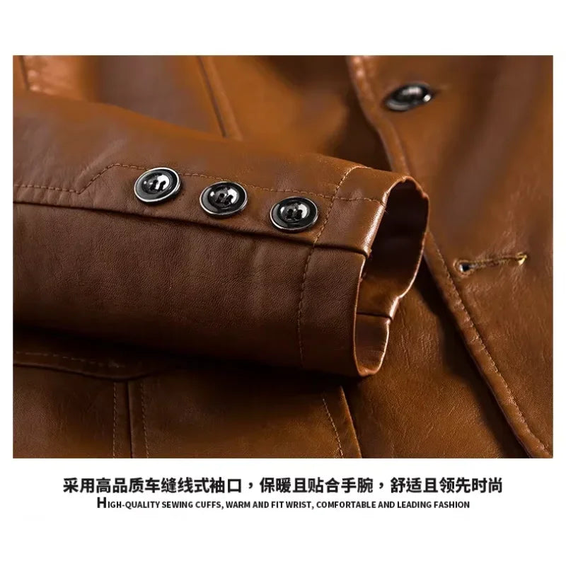 2024 Men's Leather Jackets Lapel Business Pu Blazers Men Solid Casual Slim Button-up Leather Coats Autumn Outwear Plus Size 6XL