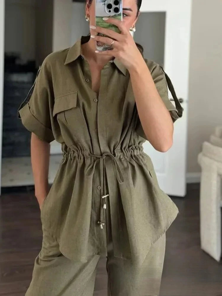 KONDALA Vintage Casual Solid Women Suit Single Breasted Short Sleeve Shirt Loose Long Pants Chic Fashion 2025 Summer Basics Sets