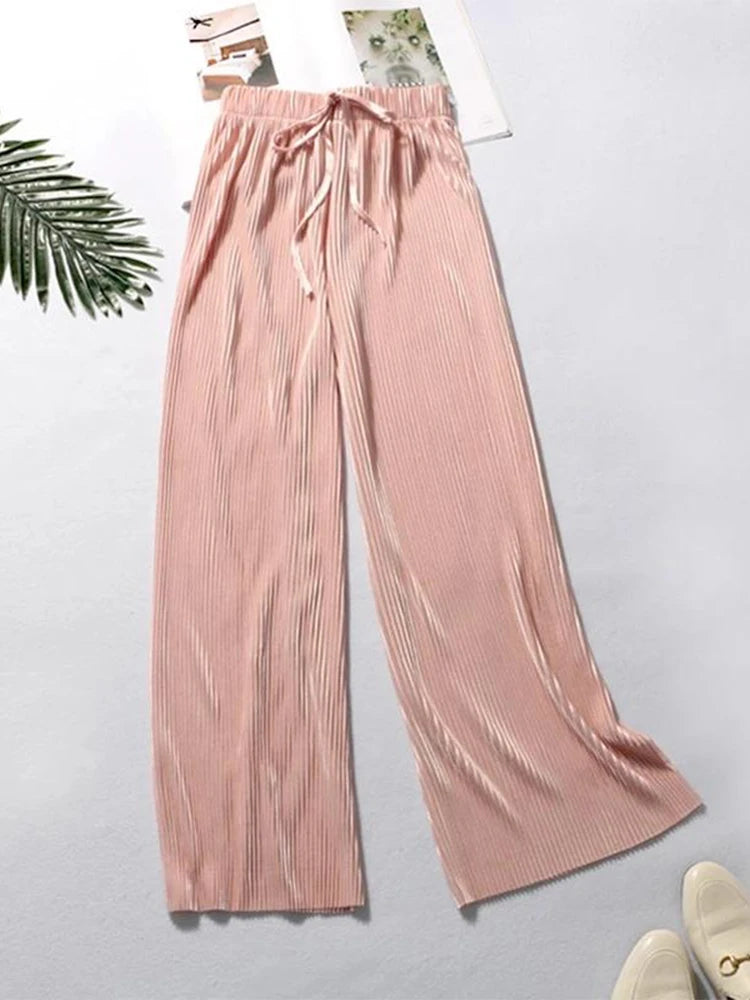 Summer Wide Leg Pants For Women Casual Elastic High Waist 2020 New Fashion Loose Long Pants Pleated Pant Trousers Femme