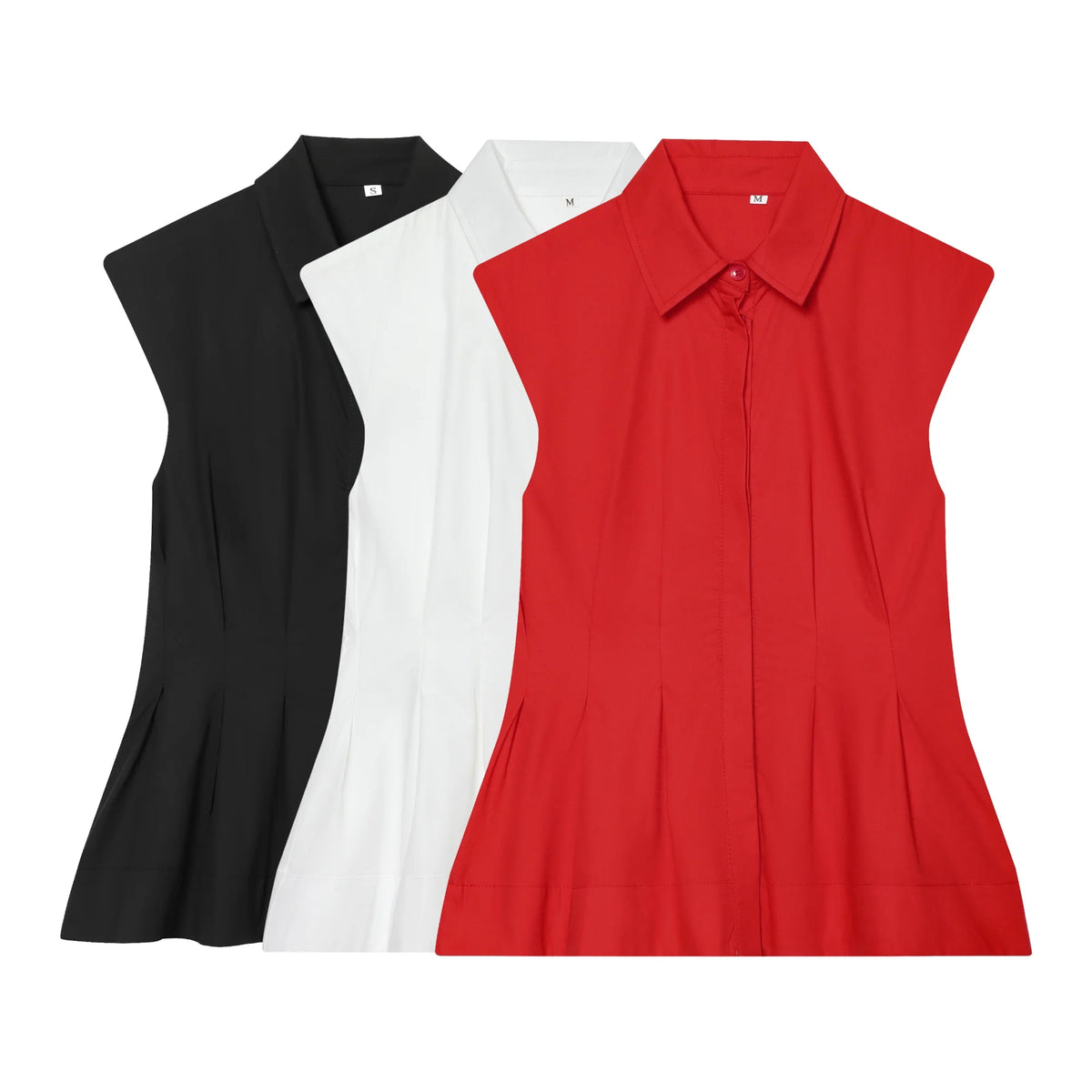 Women Casual Sleeveless Slim Shirts Summer Female Blouse Pleated Turn-Down Collar Single Breasted Blouses Chic Lady Elegant Tops
