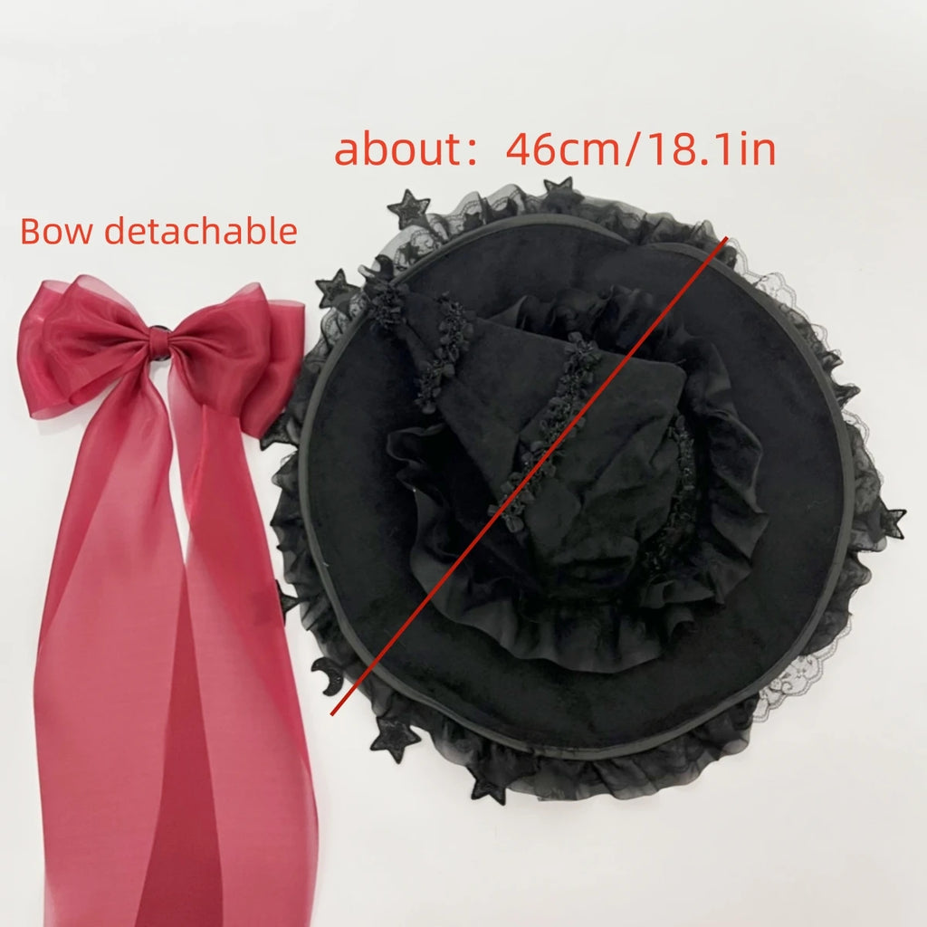 Harajuku Halloween Witch Hat  Women’s Girls Gothic Handmade Bowknot Fleece Lace Lolita Ladies Wizard Hat