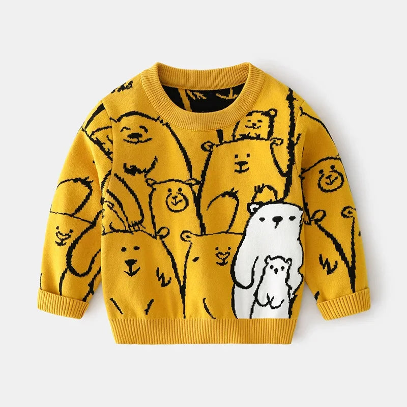New 2023 Kids Children Pullover Sweater Autumn Winter Boys Cute Cartoon Jacquard O-neck Knitted Jumper Sweaters Tops Clothing