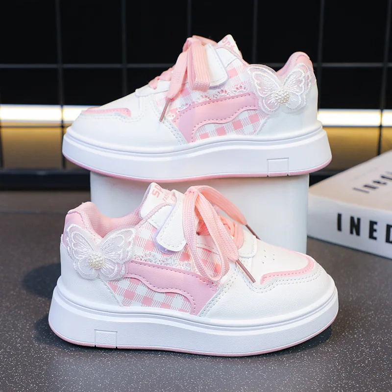 Girls Sneakers White Lace Decoration Butterfly Children's Sports Shoes Breathable Casual Non-slip Outdoors Kids Board Shoes