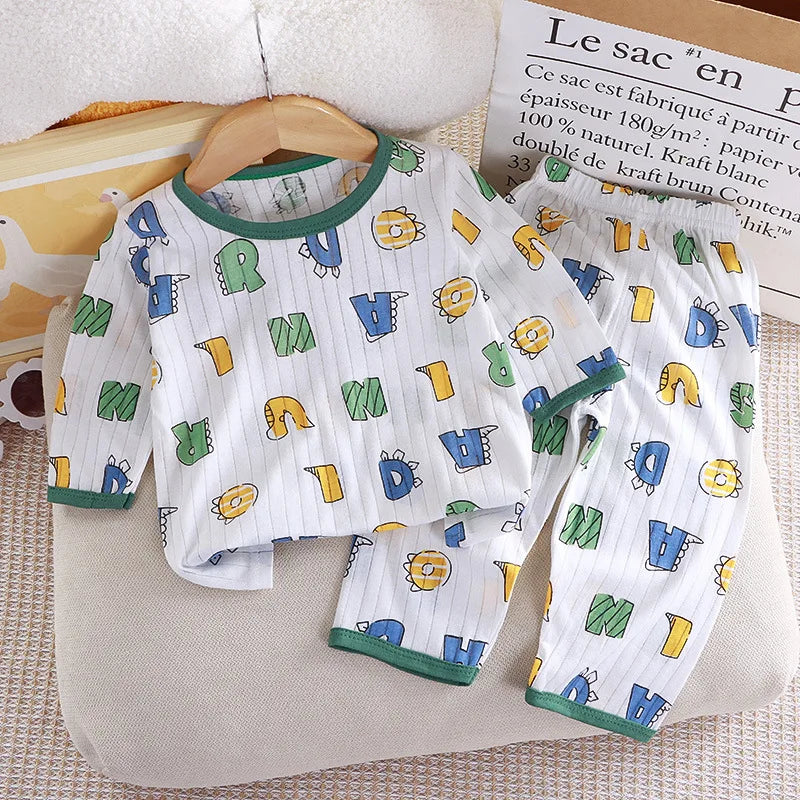 Children's Pure Cotton Home Clothes Set Boys Girls Seven-quarter Sleeve Pajamas Thin Breathable Air-conditioned Clothes