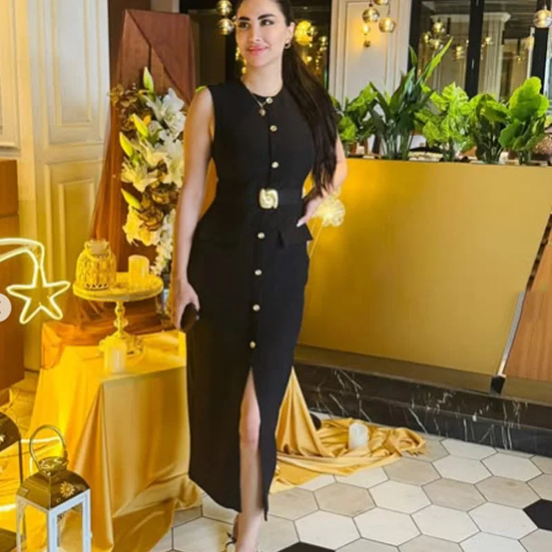 HXAO Women's Black Dress Summer 2025 Sleeveless Elegant Formal Dresses For Women Belt Vest Long Dress Button Casual Dresses