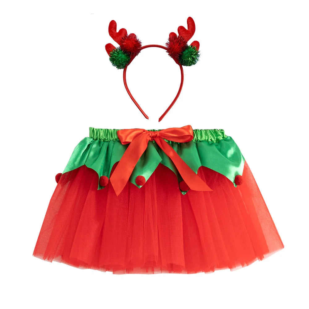 Kids Christmas Costume Dress and Headgear Cosplay Outfits for Children Girls Stage Party Mesh Tutu Skirt Dancewear Clothes