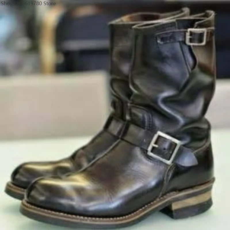Men's Boots PU Leather Boots Retro Outdoor Western Cowboy Boots Round Toe Belt Buckle Mid-Calf Boot Slip on Plus Size Long Boot