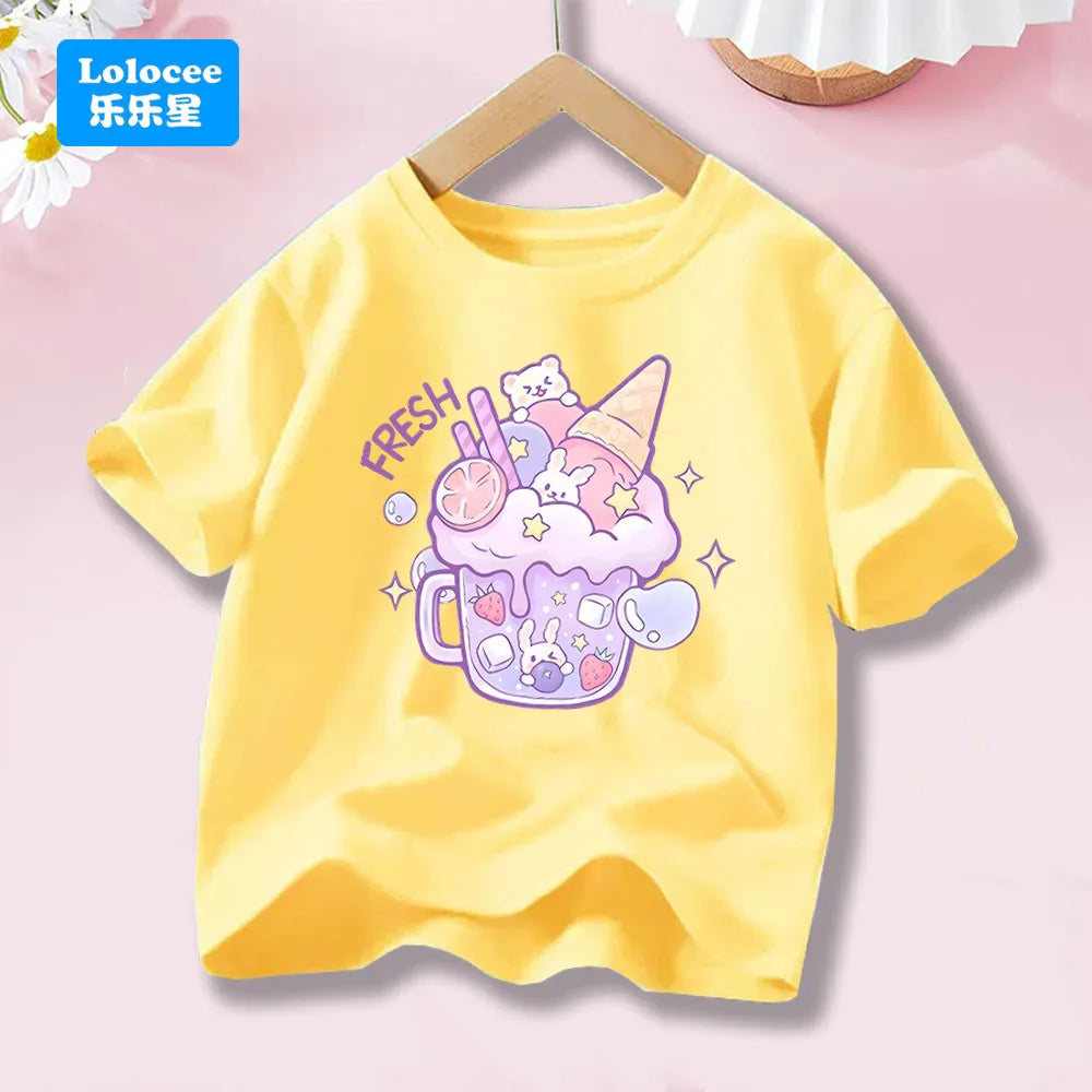 Kids' Short Sleeve Cartoon T - Shirt Fresh Dessert & Animals  Cartoon Print Casual Top Kawaii Summer Clothes  YLXX1