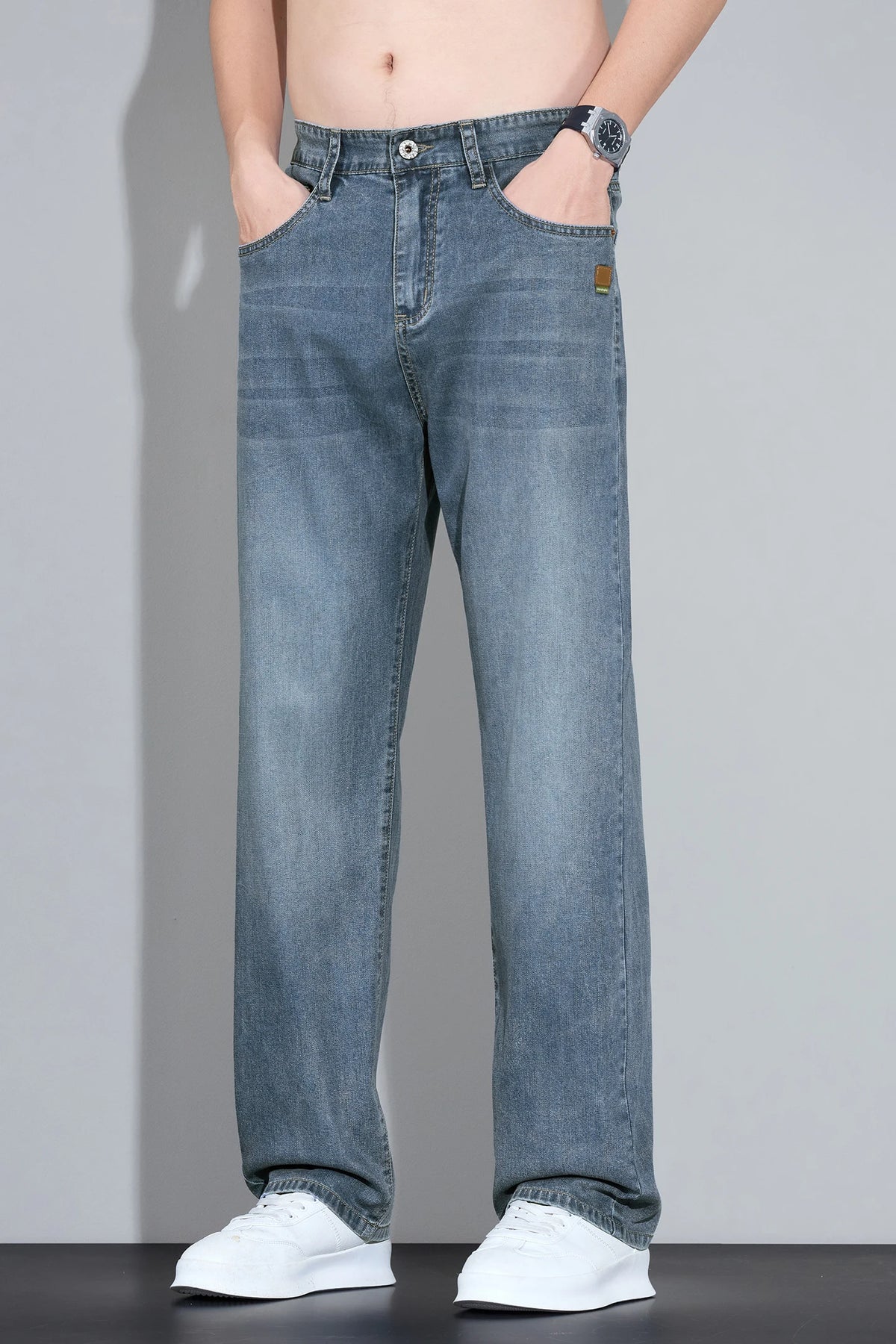 Lyocell Ice Silk Jeans Men's Fashion Korean Ultra-Thin Denim Pants Soft Drape Comfortable Business Straight Casual Trousers