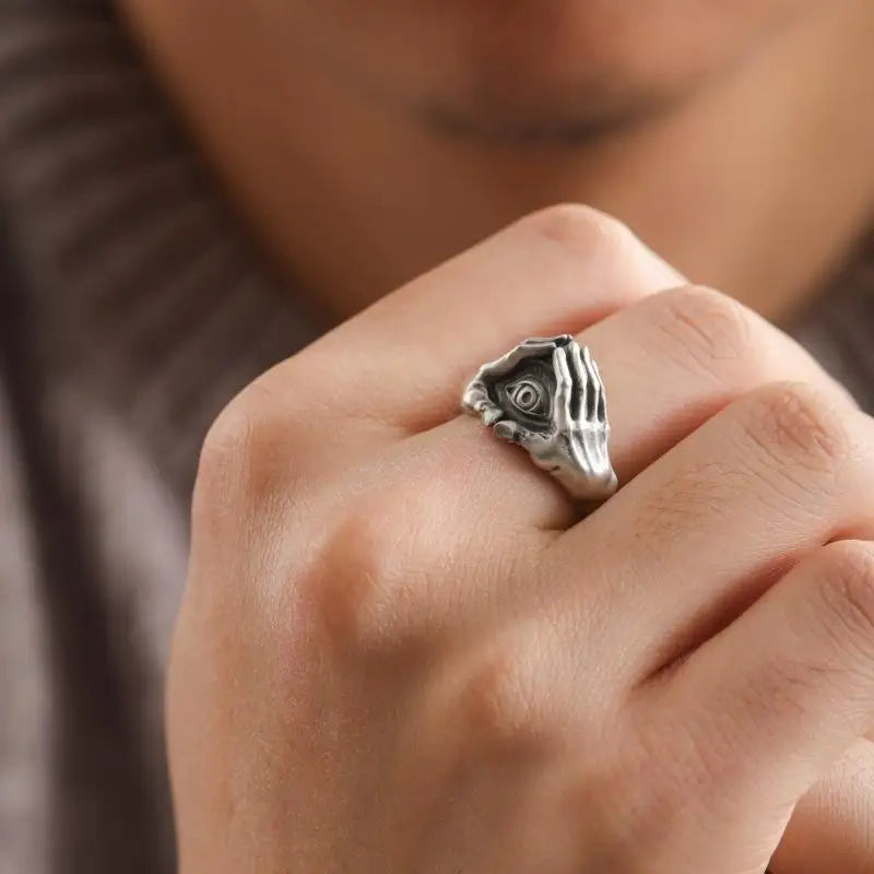 Eye and Hands Design Ring for Men Gothic Retro Adjustable Open Jewelry Gift for Everyday Wear