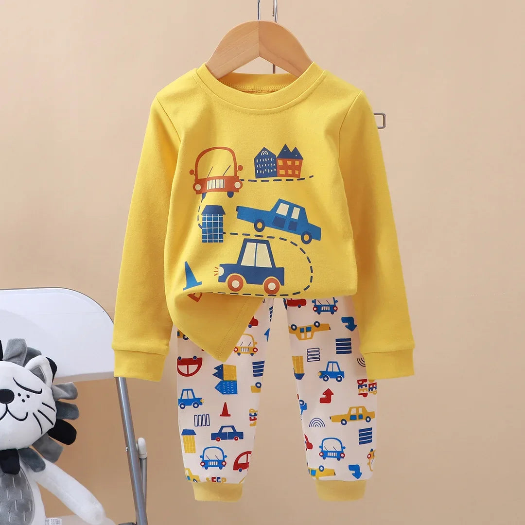2024 New Kids Boys Girls Pajama Sets Cartoon Print Long Sleeve Cute T-Shirt Tops with Pants Toddler Baby Autumn Sleeping Clothes