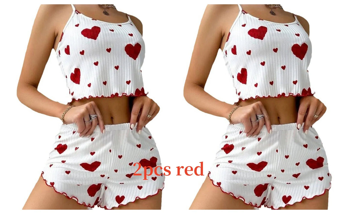 Teen girl Pajamas Set Sleepwear 2 PCS Short Tank Tops And Shorts S M L White Ventilate Soft Casual Love Printing
