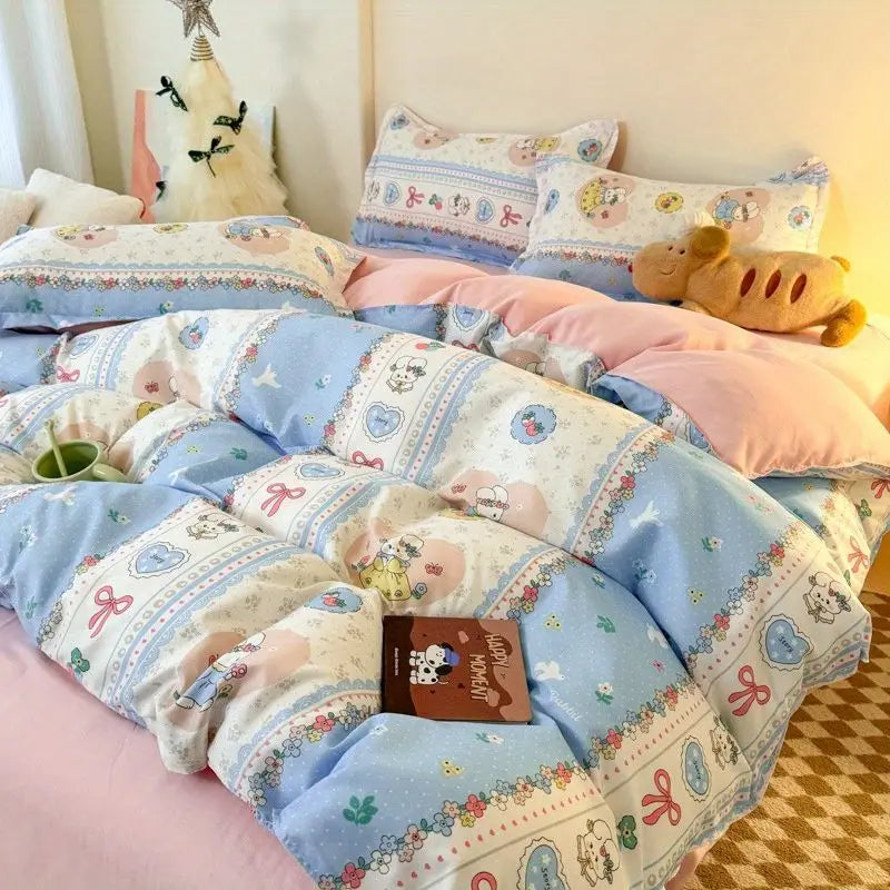 Cute Rabbit Bedding Set New No Filler Ins Floral Duvet Cover Flat Sheet Pillowcases Twin Queen Size Girls Boys Comforter Cover