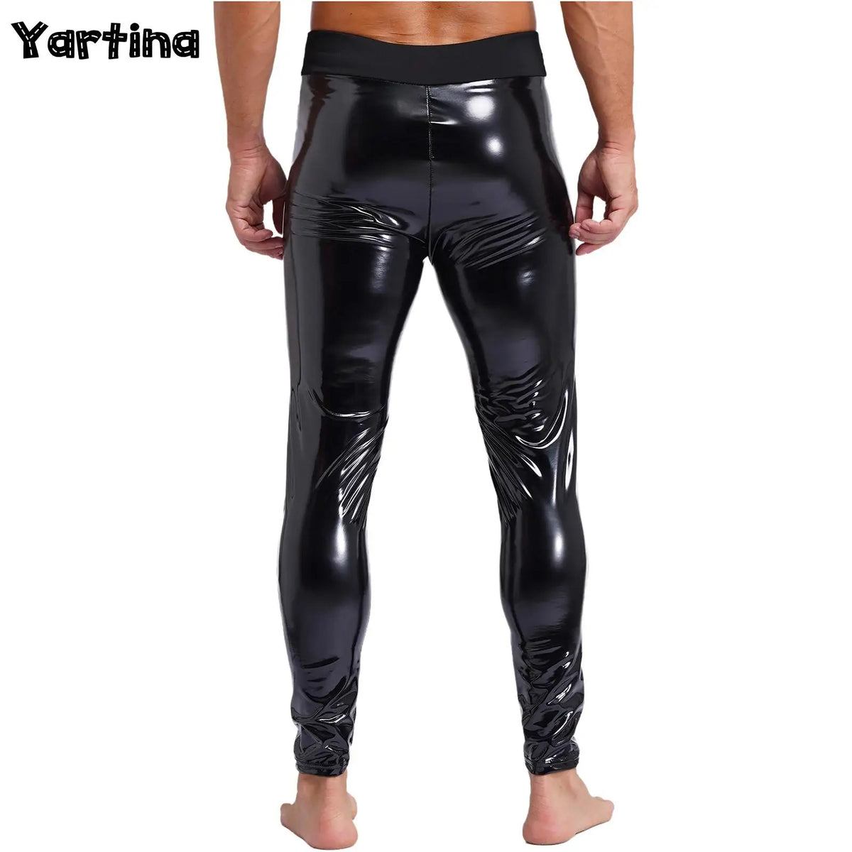 Mens Patent Leather Motor Biker Costumes Skinny Trousers Latex Long Pants Black Stretchy Leggings High Waist Wet Look Clubwear