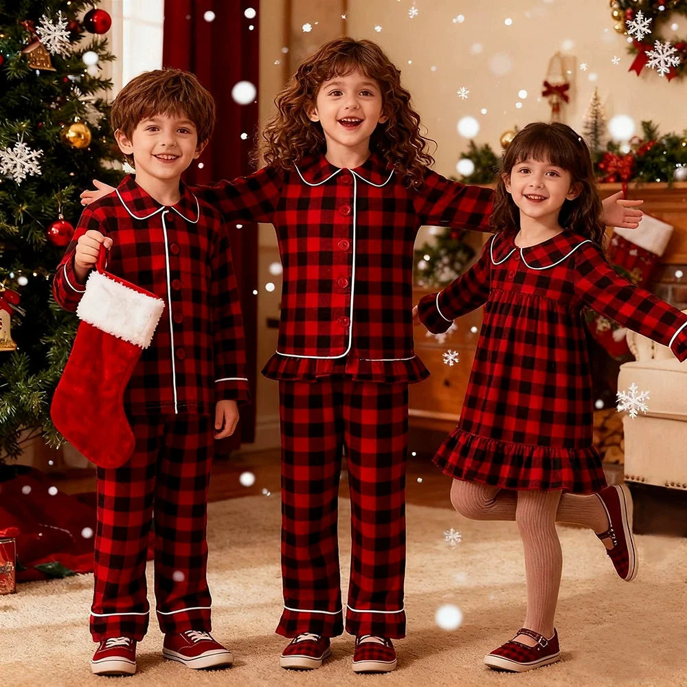 Christmas Pyjamas Sets for Kids 1-13 Years Cotton Loungewear Sibling Pajamas Winter Baby Boys Girls Soft Plaid Children Clothes