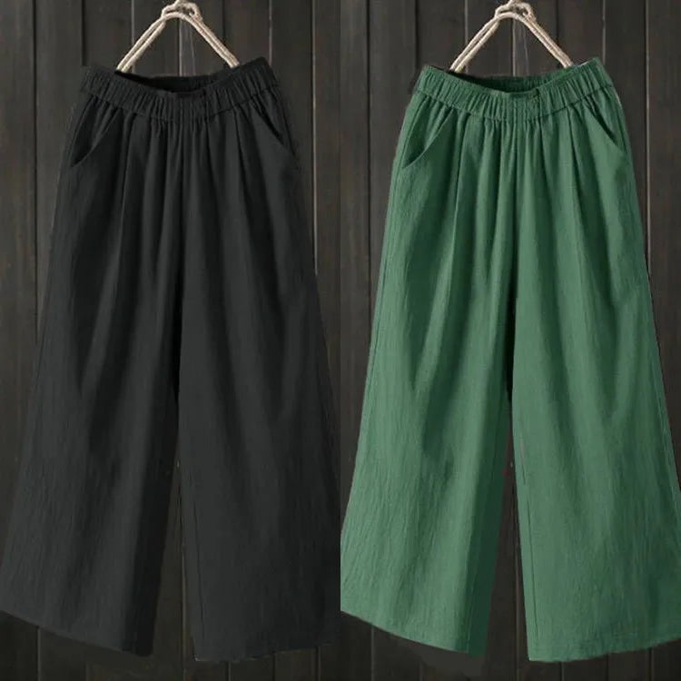 Pure Cotton Wide Leg Pants Women's Summer Loose Mom Large Size Cotton Nine Points Casual Pants High Waist Straight Cut Trousers