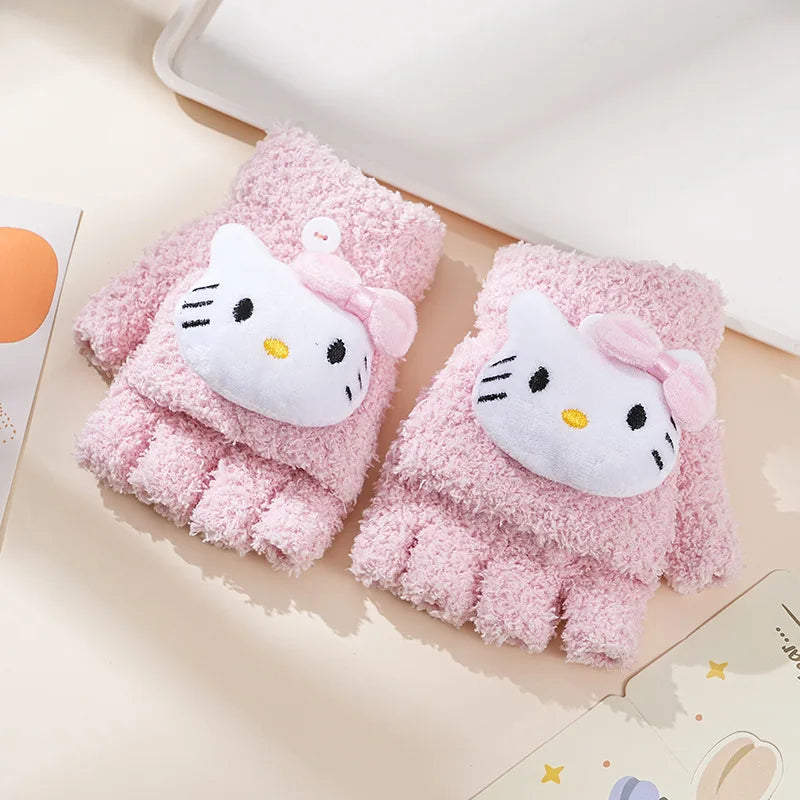 Children's Warm Gloves for Boys and Girls Cartoon Cute Half Finger Knitted Winter Flip Cover Baby Thick Cold Proof Five Fingers