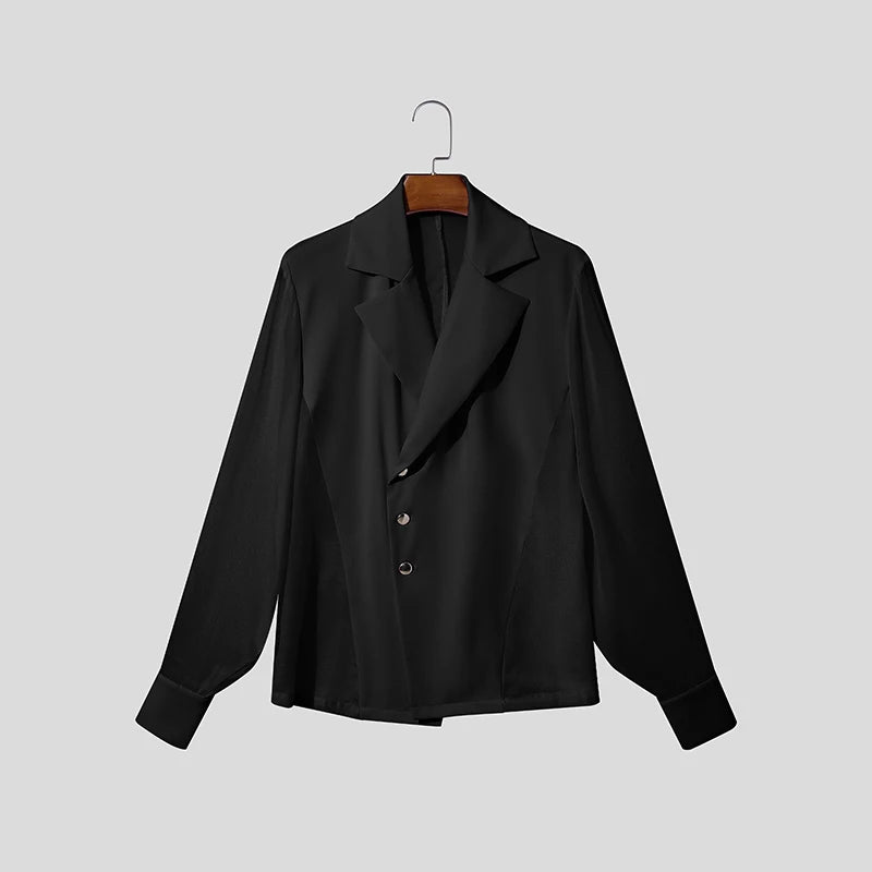 INCERUN Men Blazer Mesh Patchwork Lapel Long Sleeve See Through Male Suit Streetwear Sexy Button 2026 Fashion Casual Thin Coats