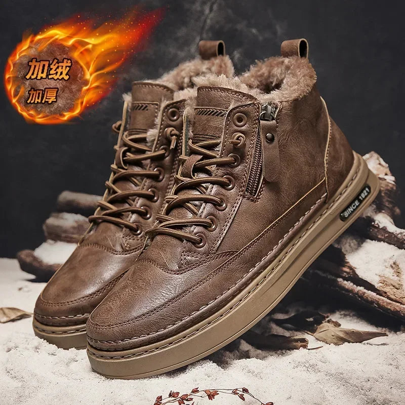 Leather Men's Boots  Platform Warm Fur Ankle Short Lace Up Fashion Novelty Concise Casual Work Shoes Botas 2024