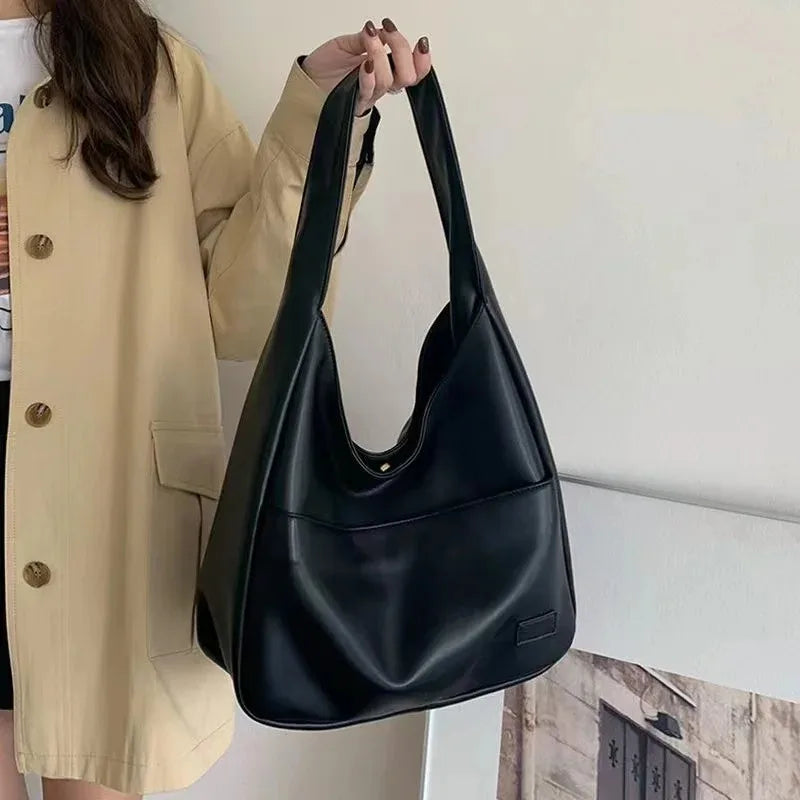 Large Capacity Black Leather Tote Bag for Women Fashionable Versatile Shoulder Bag Purse