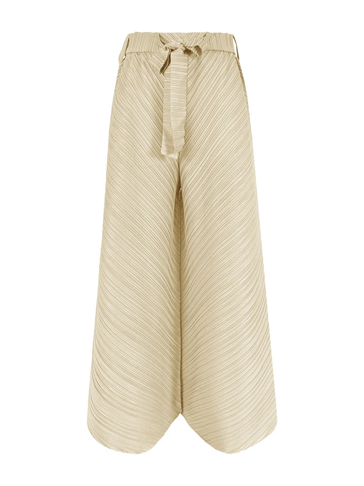 Miyake Pleated Wide Leg Loose Pants Stitching Casual Big Trousers Women Summer Dubai Designer Fashion Belt Aesthetic Clothes