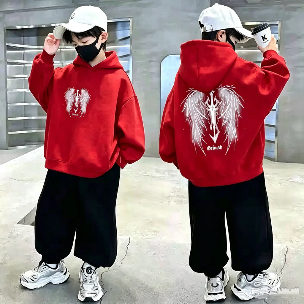 Boys Hoodie Streetwear Angel Wings Trident Print Kids Loose Hooded Sweatshirt Casual Teen Pullover