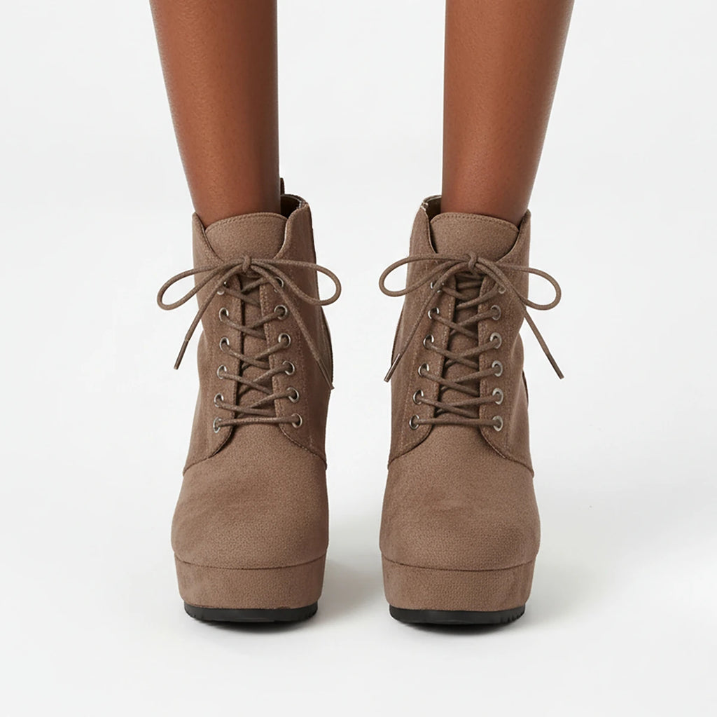Women Platform Boots Autumn Winter New Round Toe Suede Shoes Lace-up Non-slip Wear-resistant High Heel Boots Zapatos De Mujer