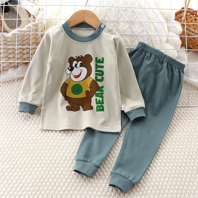 Kids Autumn Pure Cotton Pajamas Sets Boys Cute Cartoon Long Sleeve T-Shirt Tops with Pants Toddler Baby Casual Sleepwear