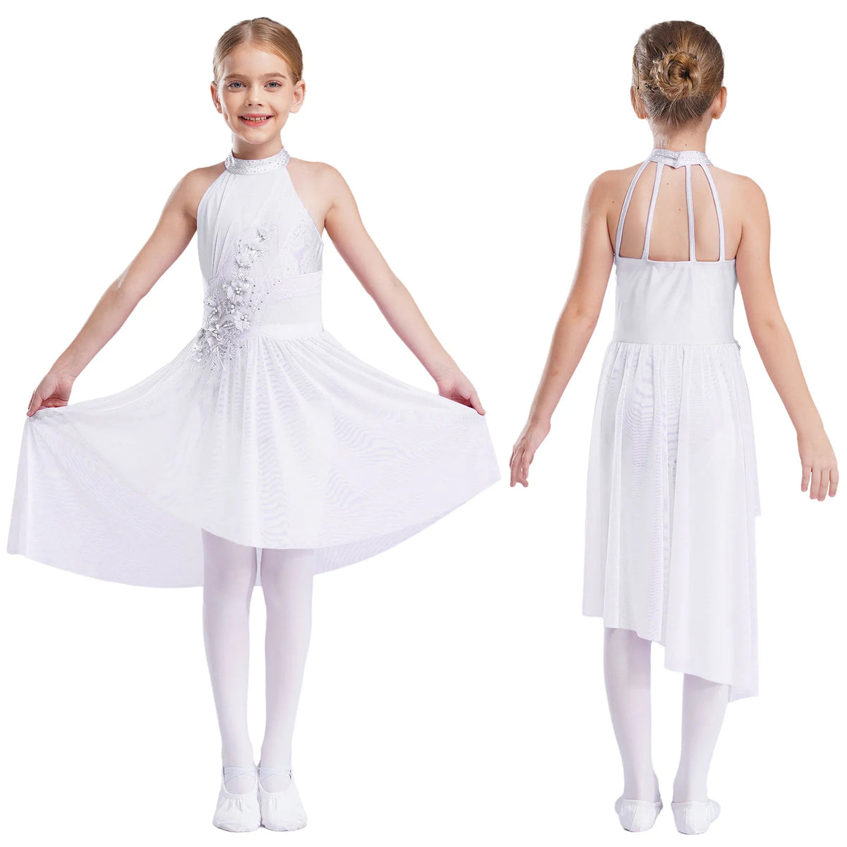 Kids Girls Ballet Lyrical Contemporary Dance Dresses Gymnastics Artistic Skating Costume Shiny Sparkly Rhinestones Tutu Dress