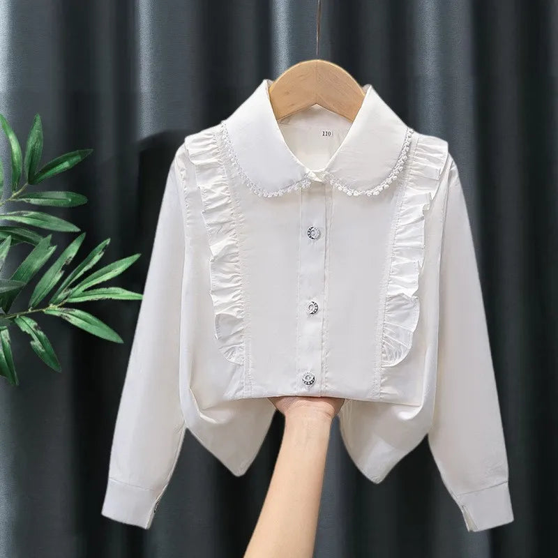 Kids Shirt White Long Sleeve Spring Autumn Class Uniform Performance Costume Lace Girls Student Wear New Girls