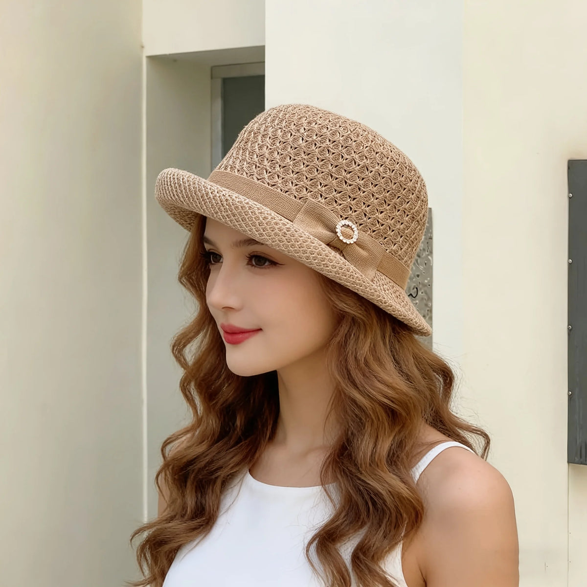 Women's Bucket Hat Features Breathable Crochet Design Bow Rhinestone Clasp,Casual Outings Vacations Summer Activities