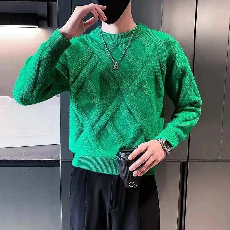 White Knitted Sweaters for Men Round Collar Green Crewneck Pullovers Man Clothes Clothing Knitwears Y2k Streetwear Fun Casual S