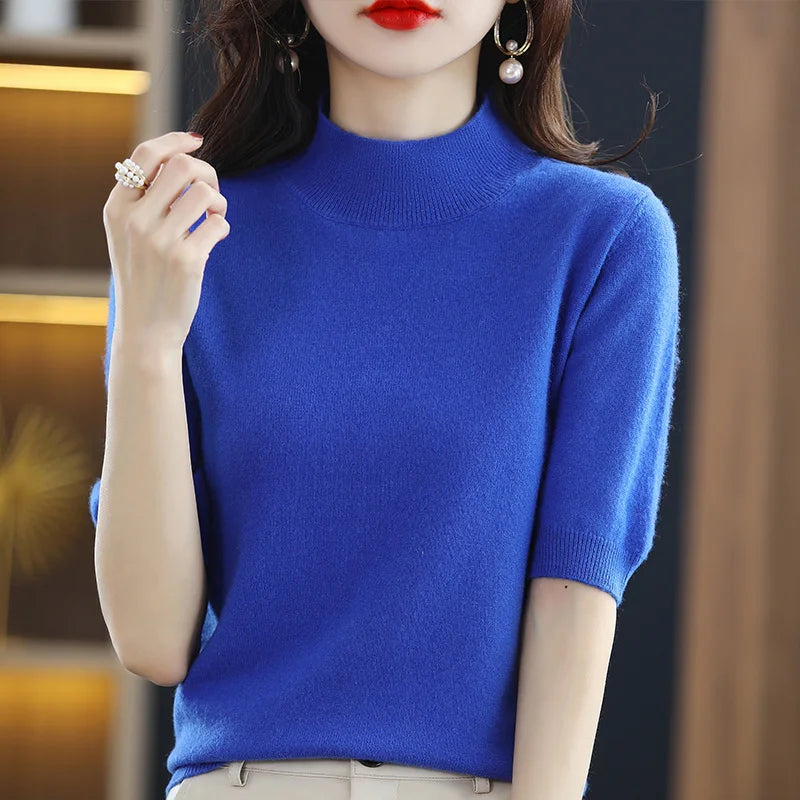 Summer Cashmere Sweater  Women Solid Short Sleeve  Pullovers Jumper Knitted Sweaters