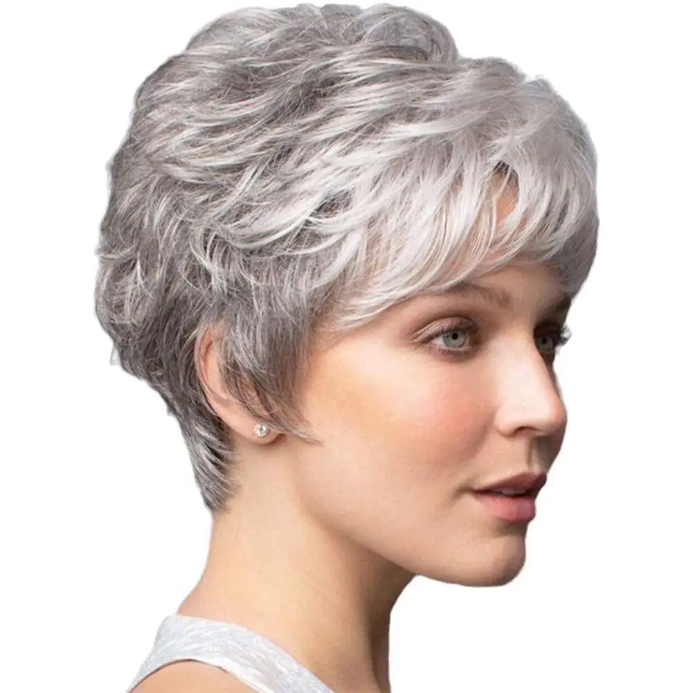 Women Short Natural Wigs with Bangs Soft Mommy Hair Daily Use Short Grey Ombre Curly Synthetic Hair Costume Party Wig