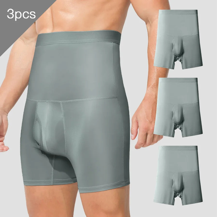 3PCS Men's sports underwear: high-waisted, belt-cinching, lengthened, anti-leg chafing, waist-protecting, flat-angle shorts