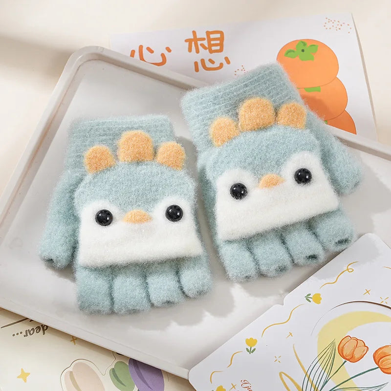 Children's Warm Gloves for Boys and Girls Cartoon Cute Half Finger Knitted Winter Flip Cover Baby Thick Cold Proof Five Fingers