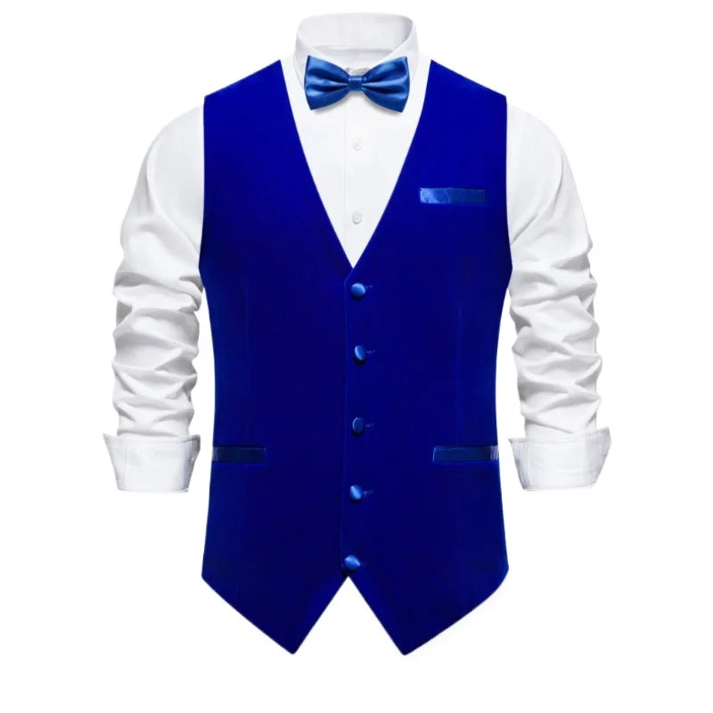 Royal Blue High-end British-Style Flat Velvet Suit Vest for Men,Fashion Casual Slim-Fit Men's Waistcoat with Bow Tie, Euro Size
