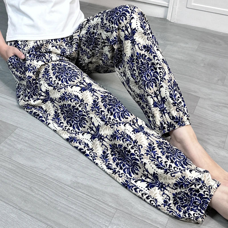 Cool Summer New Silk Cotton Spwear Loose Women's Wide Leg Pants Home Wear Floral Print Heat Resistant Comfortable Casual T...