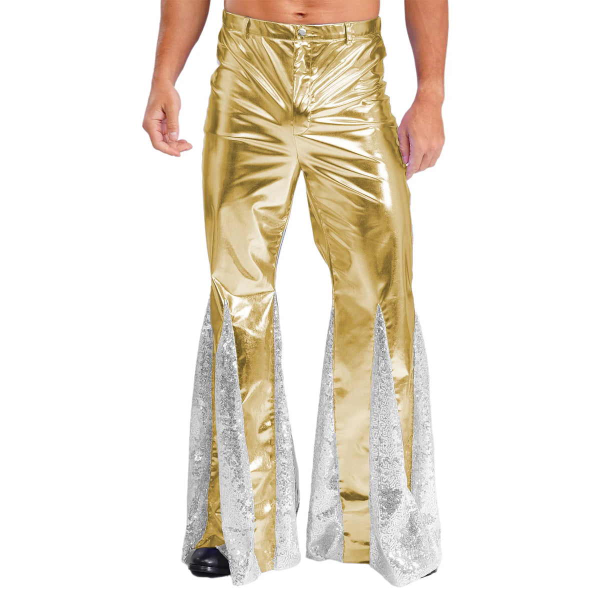 Mens Shiny Metallic 70s Disco Flared Pants Hippie Vintage Hip Hop Carnival Performance Costume Sequins Bell Bottoms Trousers