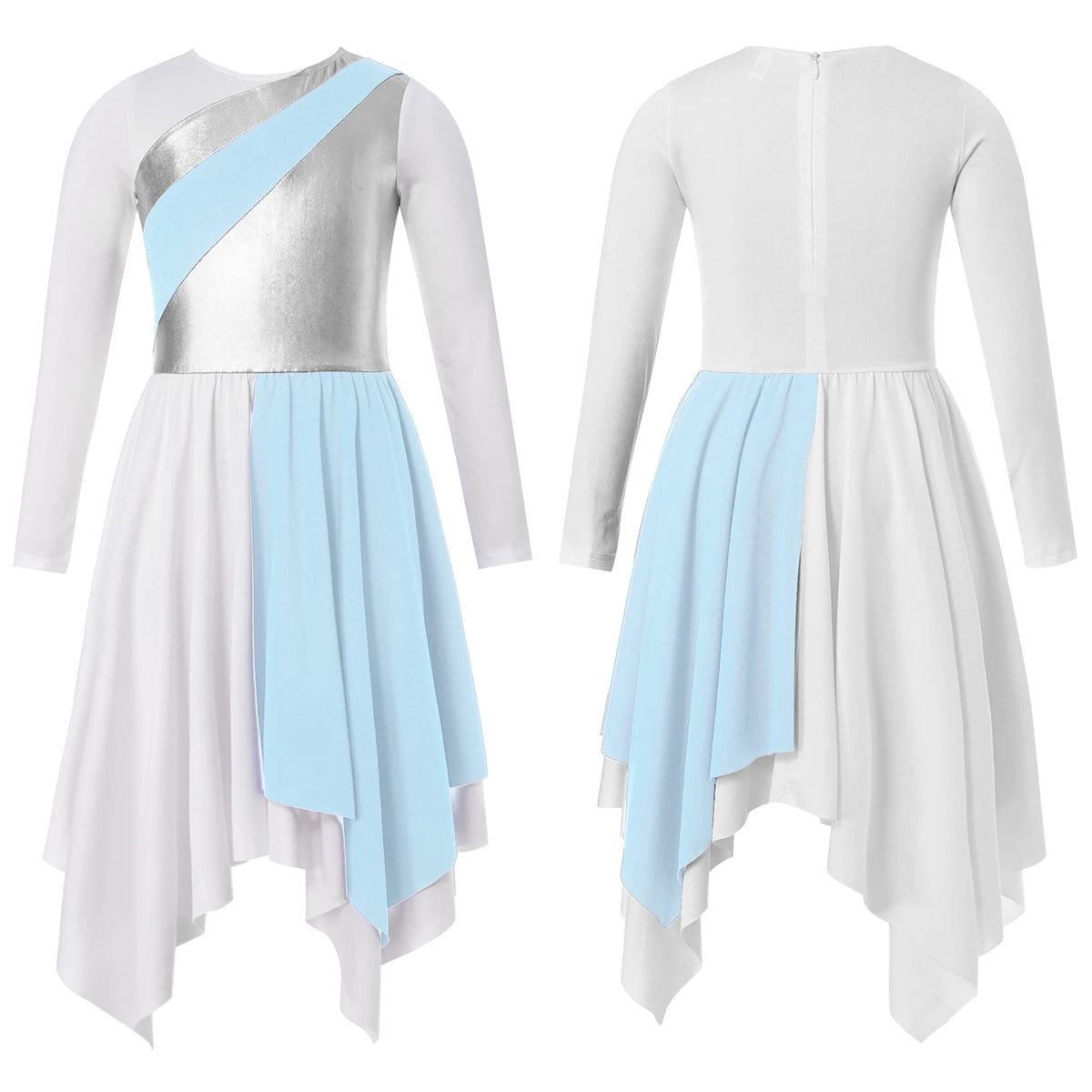 Kids Girls Modern Lyrical Dance Dress Liturgical Worship Praise Church Choir Robe Shiny Sequins Bodice Sheer Mesh Tunic Dresses