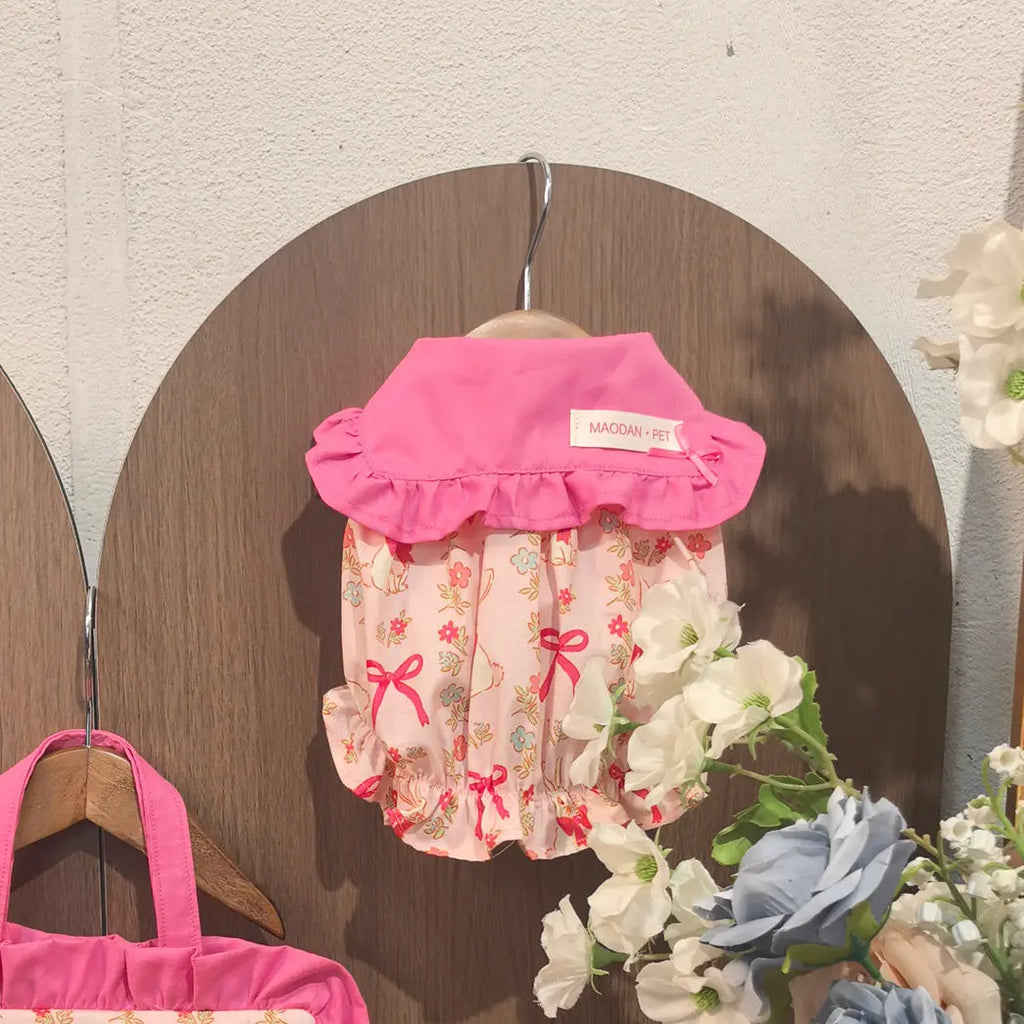 Lovely Puppy Dog Cats Clothing Fashion Floral Print Pink Cotton Princess Dress for Small Medium Dog Schnauzer Poodle Pet Clothes