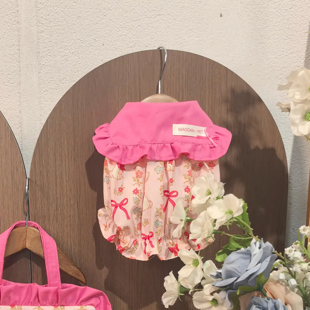 Lovely Puppy Dog Cats Clothing Fashion Floral Print Pink Cotton Princess Dress for Small Medium Dog Schnauzer Poodle Pet Clothes