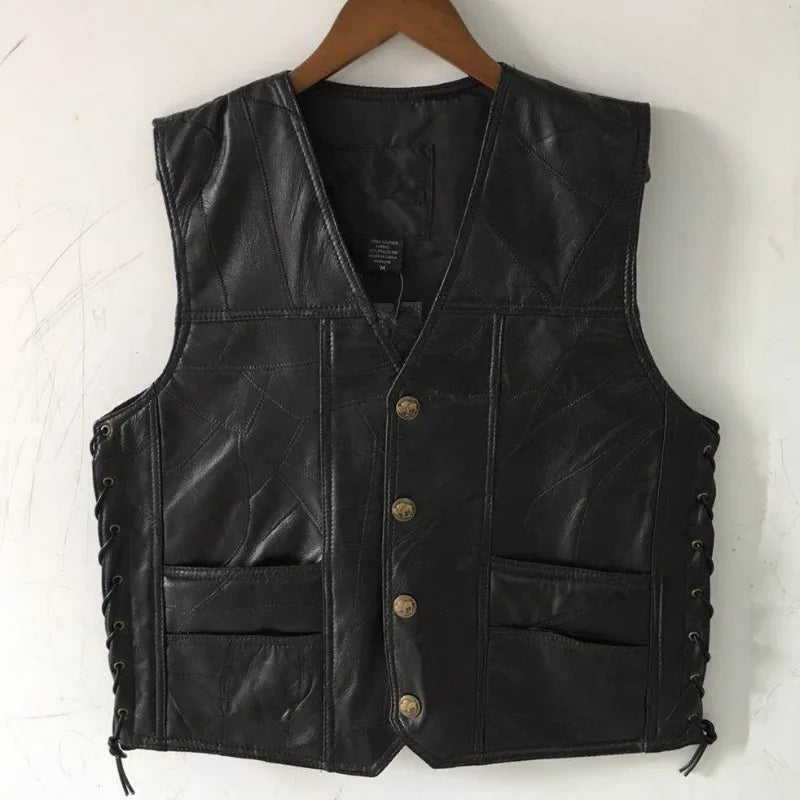Classic motorcycle leather jacket  Men's vest  Leather patch shirt Cycling jacket  Plain leather patching