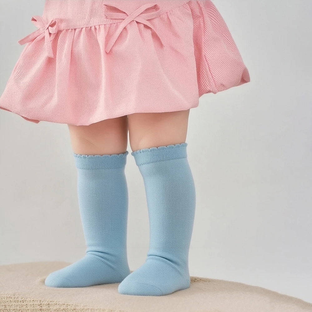 New Kids Knee High Socks Baby Girls Boys Flat Long Sock Soft Cotton Solid Color Children Stockings For 0-7 Years