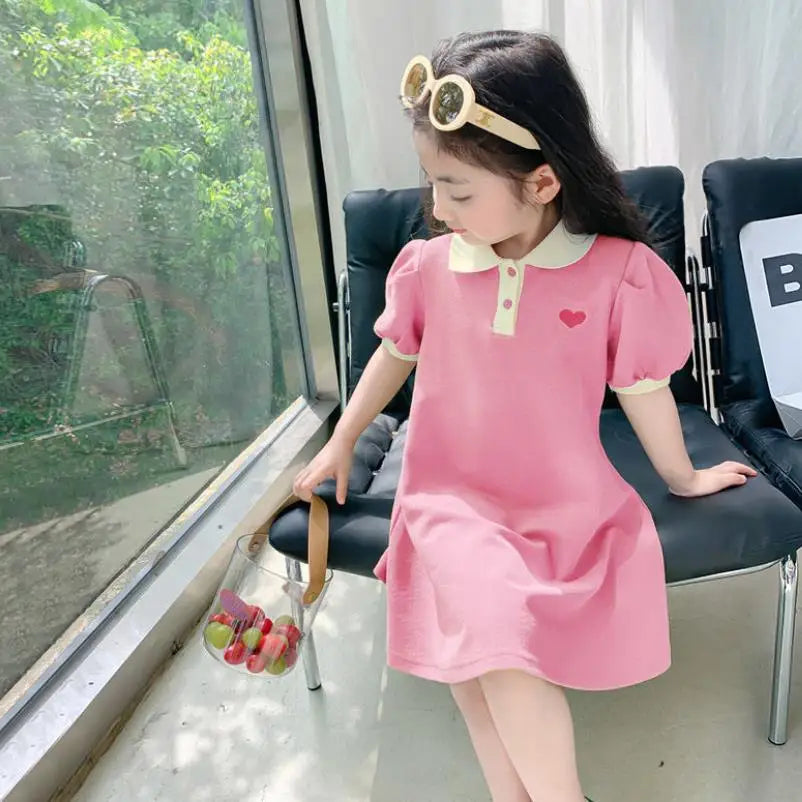 2025 New Children's Dress Girls' Summer Korean Edition Fashion Casual Striped Collar Short sleeved Dress1-10Y