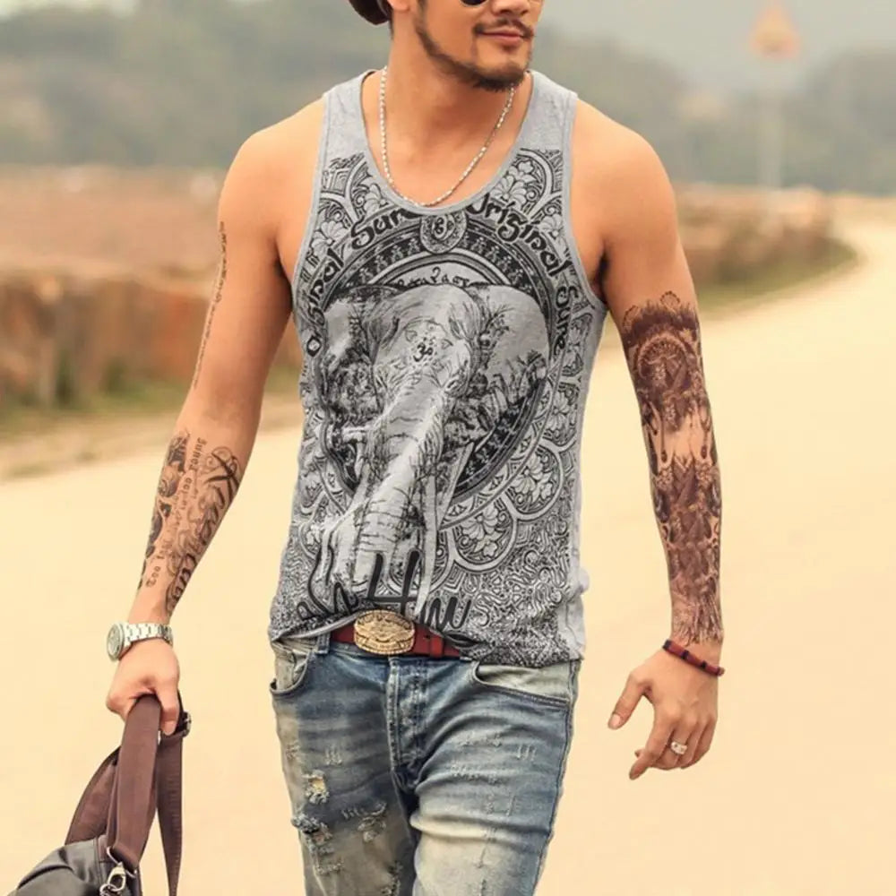 Grey Men Tank Top Casual Fitness Singlets Brand Mens Sleeveless Gasp Hip Hop Vest Elephant Print Cotton undershirt 2019 Vintage